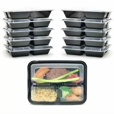 Karat 32 oz. Rectangular PP Microwaveable Food Container (Black) with Clear Lid, 3 Compartments