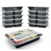 Karat 32 oz. Rectangular PP Microwaveable Food Container (Black) with Clear Lid, 3 Compartments
